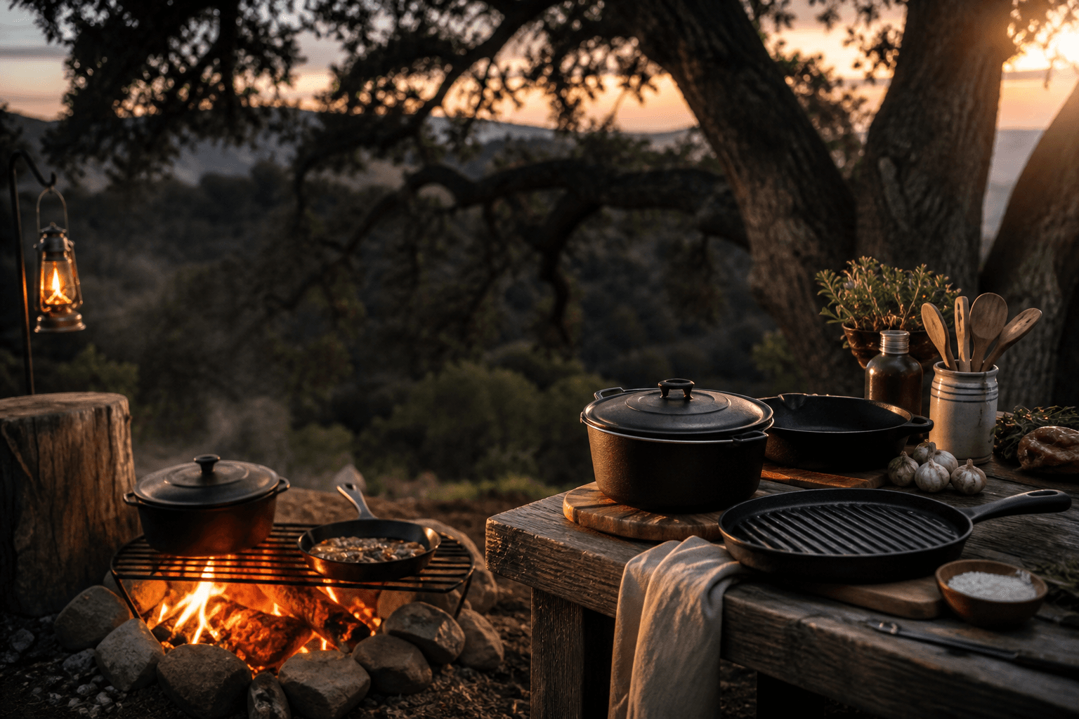Campfire cooking under oak trees at dusk