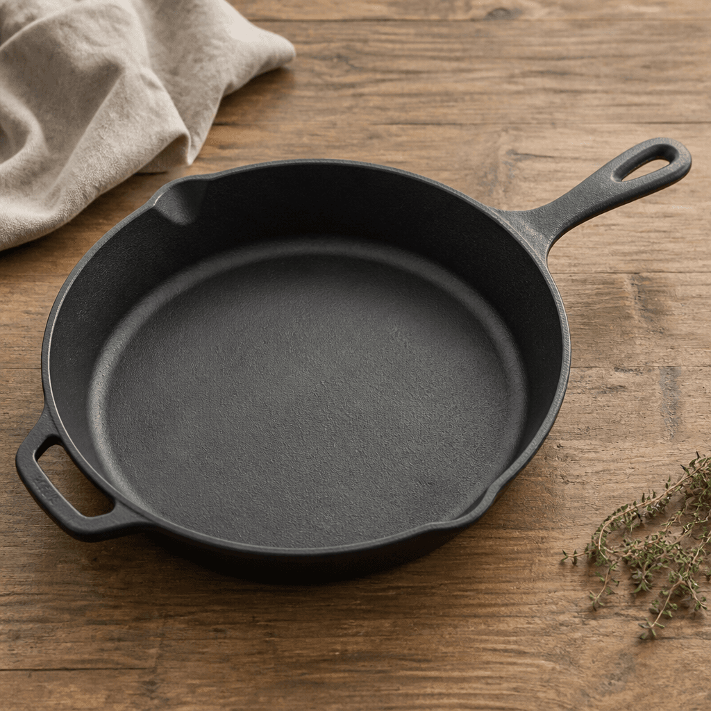 Seasoned cast-iron skillet on linen